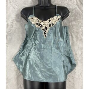 Vintage Night Gown Womens Small Short Green Lace Trim Satin Peignoir Lingerie